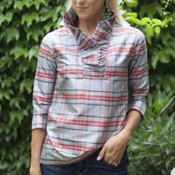 Devon Baer XS Grey Plaid Silk Ruffle Blouse with Suede Elbow Patches - Picture 6 of 6